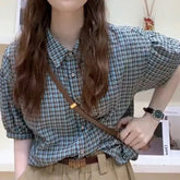 Short Sleeve Vintage Blue Plaid Color Blouse Shirt